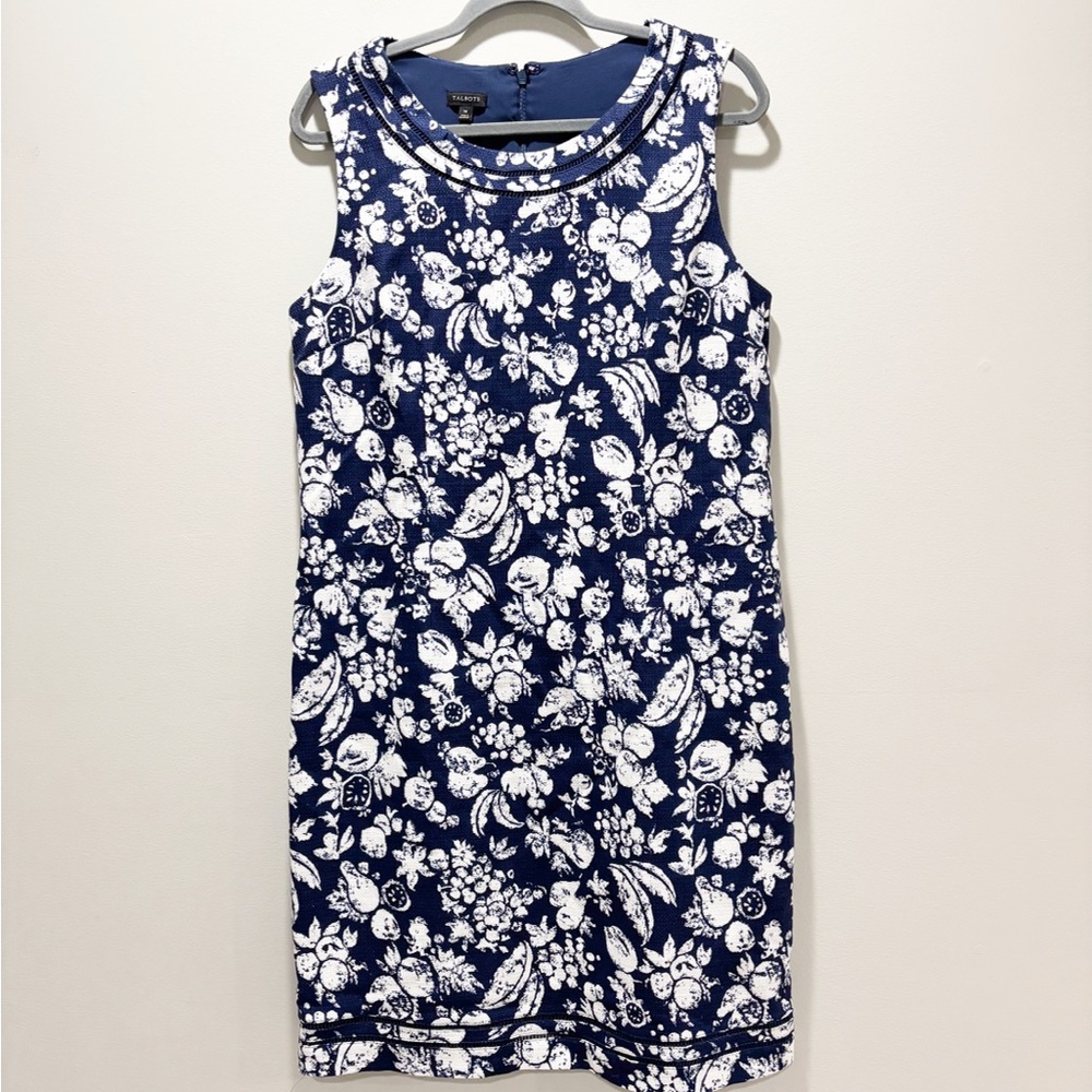 Talbots Navy/White Mixed Fruit Novelty Print Sheath Dress Knee Length Size 14